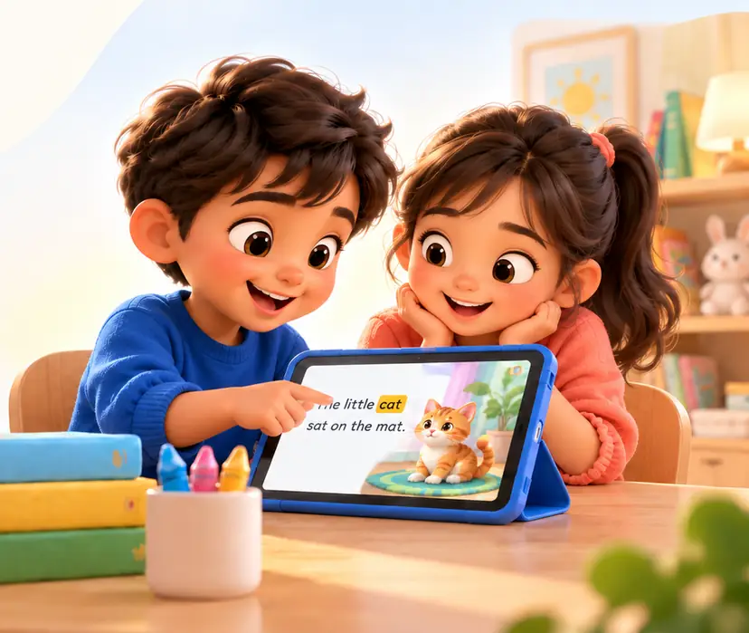 Two children reading a story together on a tablet, the boy pointing at the word cat